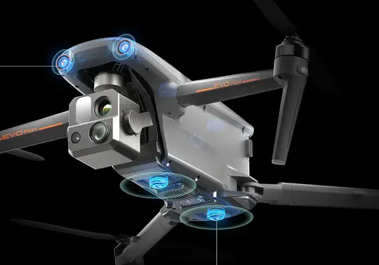 Close-up of the Autel EVO Max 4T gimbal with 50MP visual camera, thermal sensor and laser rangefinder